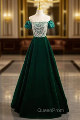 A-Line Velvet Sequin Beads Green Long Evening Prom Dresses, Green Velvet Long Evening Dresses