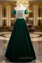 A-Line Velvet Sequin Beads Green Long Evening Prom Dresses, Velvet Green Long Evening Dresses