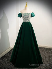 A-Line Velvet Sequin Beads Green Long Prom Dress, Velvet Green Long Formal Dress