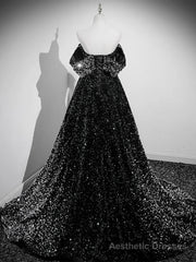 A-Line Velvet Sequin Long Black Prom Dress, Black Long Evening Dress