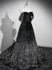 A-Line Velvet Sequin Long Black Prom Dress, Black Long Evening Dress