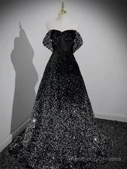 A-Line Velvet Sequin Long Black Prom Dress, Black Long Evening Dress