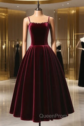 A-Line Velvet Tea Length Burgundy Evening Prom Dresses, Burgundy Cocktail Dresses