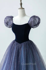A-Line Velvet Tulle Long Evening Prom Dresses, Cute Short Sleeve Evening Party Dresses