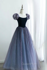 A-Line Velvet Tulle Long Evening Prom Dresses, Cute Short Sleeve Evening Party Dresses