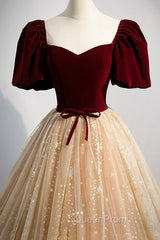 A-Line Velvet Tulle Long Evening Prom Dresses, Lovely Short Sleeve Graduation Dresses