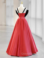 A-Line Watermelon Red Satin Long Evening Prom Dresses, Long Formal Dresses