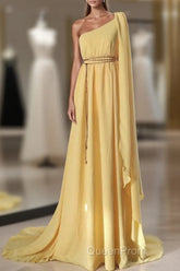 A-Line Wedding Guest Dresses Elegant Dresses Evening Party Court Train Sleeveless One Shoulder Chiffon With Strappy