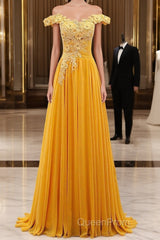 A-Line Wedding Guest Dresses Floral Dresses Evening Prom Wedding Party Sweep / Brush Train Sleeveless Off Shoulder Chiffon With Appliques