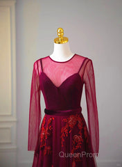 A-Line Wine Red Velvet And Tulle Long Party Dresses, Wine Red Evening Dresses Evening Prom Dresses