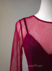 A-Line Wine Red Velvet And Tulle Long Party Dresses, Wine Red Evening Dresses Evening Prom Dresses