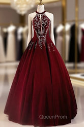 A-Line Wine Red Velvet Beaded Party Dresses, Wine Red Long Evening Prom Dresses