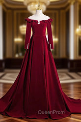 A-line Wine Red Velvet Long Sleeves Low Back Evening Prom Dresses, Wine Red Party Dresses