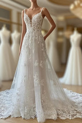 A-Lineprincess Lace Applique V-Neck Sleeveless And Floor Length Wedding Dresses