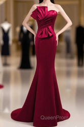 A Noble And Minimalist Wine Red Sleeveless Off Shoulder Ball Dresses With Wine Red Strapless Backless Straps And Ground Length Fishtail Evening Dresses