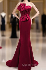 A Noble And Minimalist Wine Red Sleeveless Off Shoulder Ball Dresses With Wine Red Strapless Backless Straps And Ground Length Fishtail Evening Dresses