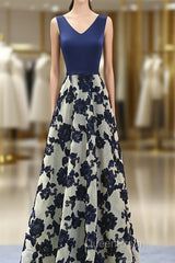 Stylish Dark Blue A Line V Neck Long Evening Prom Dresses, Dark Blue Evening Dresses