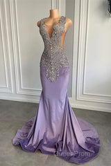 Lilac Mermaid Evening Prom Dresses with Scoop Neckline Sleeveless and Crystal Beadings