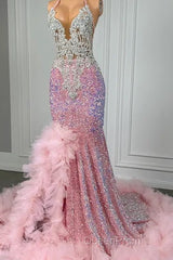 Pink Halter Mermaid Evening Prom Dresses with Sequins Beadings and Tulle Ruffle