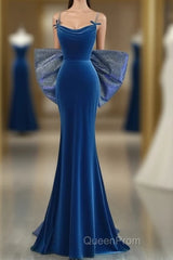 Simple Velvet Blue Mermaid Long Evening Prom Dresses, Backless Velvet Blue Evening Dresses