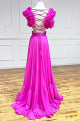 Lace-Up Fuchsia V-Neck Ruffle Pleated Long Evening Prom Dresses