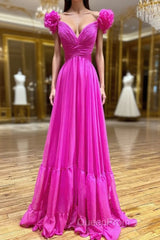 Lace-Up Fuchsia V-Neck Ruffle Pleated Long Evening Prom Dresses