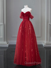 A-Line Off Shoulder Tulle Lace Dark Blue Long Evening Prom Dresses, Dark Blue Long Evening Dresses