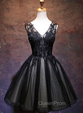 Adorable Black V-neckline Lace and Tulle Party Dresses, Short Evening Prom Dresses