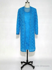 Adorable Blue Lace Knee Length Mother of the Bride Dresses Sheer with 3/4 Sleeves Long Jacket