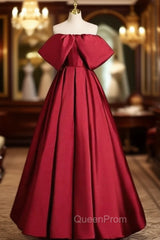Adorable Burgundy Satin Off the Shoulder Evening Prom Dresses
