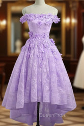 Adorable Lace Light Purple High Low Homecoming Dresses, Cute Sweetheart Evening Prom Dresses