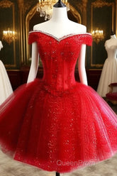 Adorable Red Sweetheart Shiny Tulle Off Shoulder Short Homecoming Dresses, Red Party Dresses