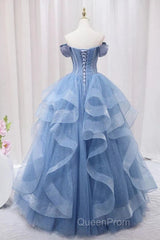 Adult Dresses A-Line Blue Sheer Long Ball Dresses Blue Sweet Dresses Off Shoulder Evening Prom Dresses