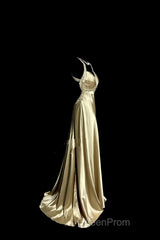 Aesthetic A Line Halter Neckline Champagne Satin Evening Prom Dresses Ruffle Long Party Dresses