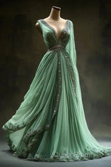 Aesthetic A-Line V Neckline Green Tulle Long Evening Prom Dresses Sweet Beaded Evening Dresses