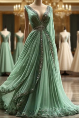 Aesthetic A-Line V Neckline Green Tulle Long Evening Prom Dresses Sweet Beaded Evening Dresses