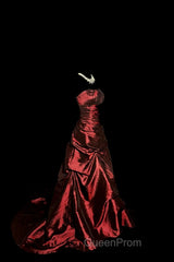 Aesthetic Ball Gown Strapless Burgundy Taffeta Evening Prom Dresses Ruffle Long Party Dresses