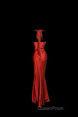Aesthetic Mermaid Halter Neckline Red Satin Evening Prom Dresses Ruffle Long Party Dresses