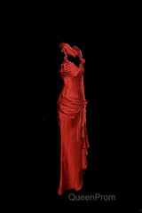 Aesthetic Mermaid Halter Neckline Red Satin Evening Prom Dresses Ruffle Long Party Dresses