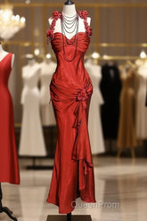 Aesthetic Mermaid Halter Neckline Red Satin Evening Prom Dresses Ruffle Long Party Dresses