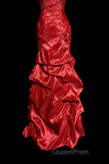 Aesthetic Mermaid Strapless Neckline Red Taffeta Evening Prom Dresses Ruffle Long Party Dresses
