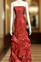 Aesthetic Mermaid Strapless Neckline Red Taffeta Evening Prom Dresses Ruffle Long Party Dresses