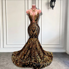 Long Sleeveless Mermaid Evening Prom Dresses with Gold Sequins