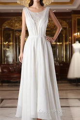 Affordable A-line Asymmetric Lace Chiffon Open Back Wedding Dresses