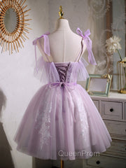 Aline Lace Short Purple Evening Prom Dresses, Puffy Purple Homecoming Dresses