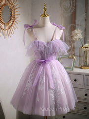 Aline Lace Short Purple Evening Prom Dresses, Puffy Purple Homecoming Dresses