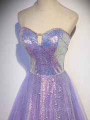 Aline Purple Sweetheart Neck Tulle Long Evening Prom Dresses, Purple Evening Dresses