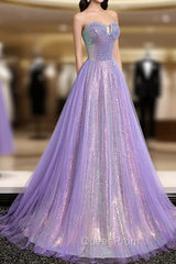 Aline Purple Sweetheart Neck Tulle Long Evening Prom Dresses, Purple Evening Dresses