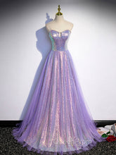 Aline Purple Sweetheart Neck Tulle Long Evening Prom Dresses, Purple Evening Dresses