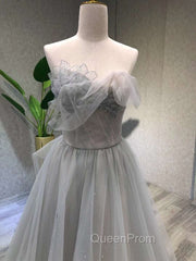 A line Tea Length Gray Evening Prom Dresses, Gray Tulle Homecoming Dresses